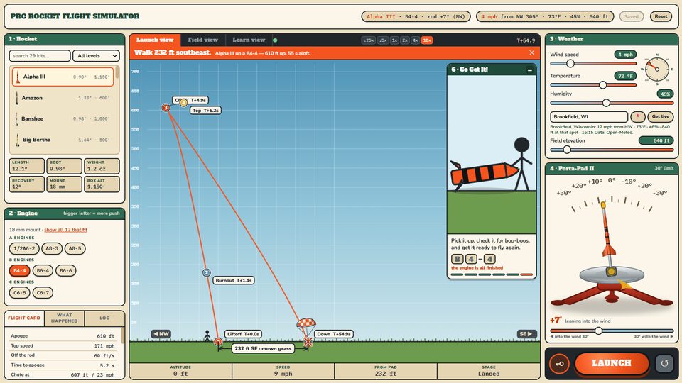 The simulator's launch view: a rocket's path plotted against altitude, with liftoff, burnout, apogee and landing marked.